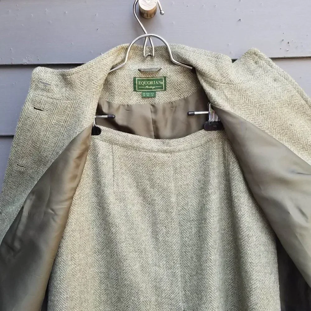 Equorian Heritage Wool Green Herringbone Skirt Suit Set size 12